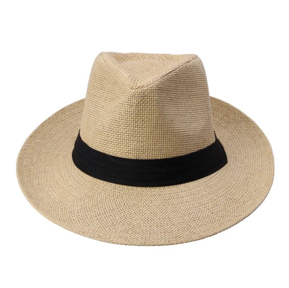 Unisex Beach Trilby Brim Sun Hat Panama Paper Straw Black Ribbon