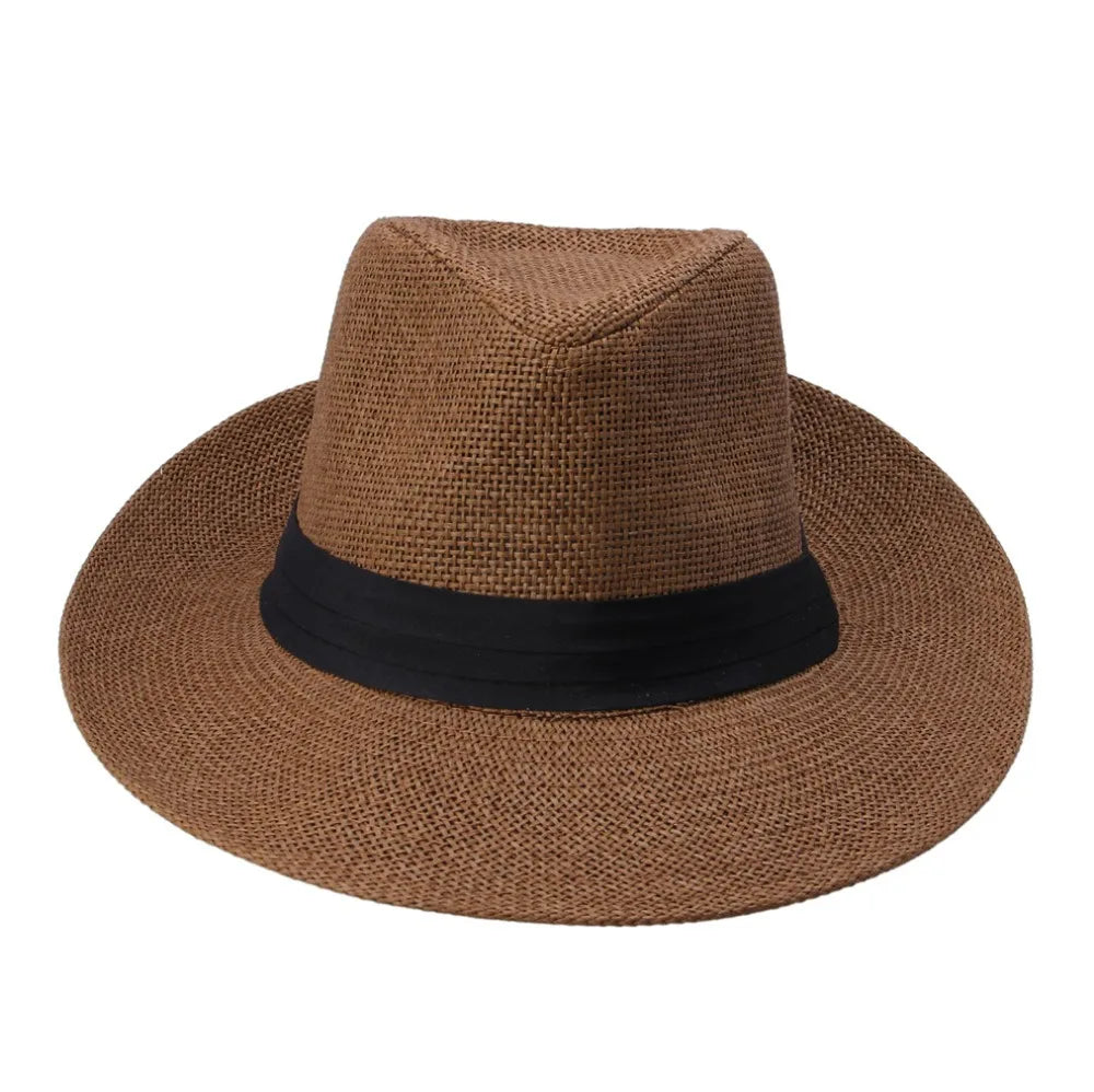 Unisex Beach Trilby Brim Sun Hat Panama Paper Straw Black Ribbon