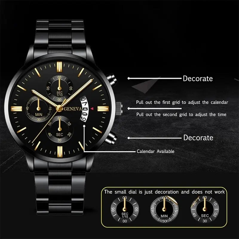 Fashion Men Black Stainless Steel Watch Luxury Quartz Wrist
