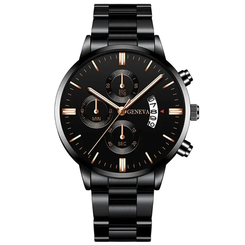 Fashion Men Black Stainless Steel Watch Luxury Quartz Wrist