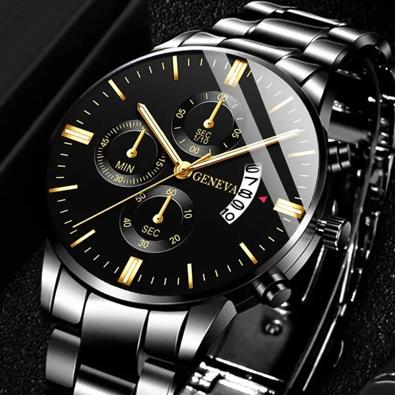 Fashion Men Black Stainless Steel Watch Luxury Quartz Wrist