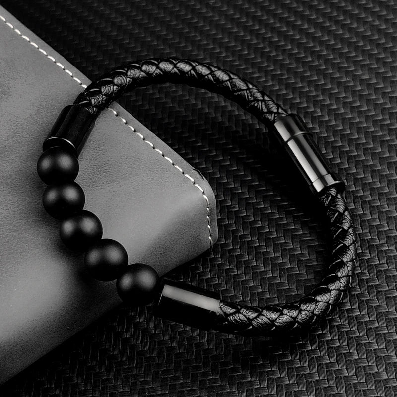 Men's Steel and Volcanic Leather Bracelet With Elegant Stone