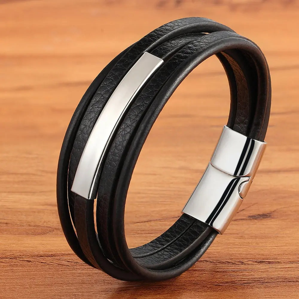 Men's Leather Bracelet Two Colors Stainless Steel A-Design