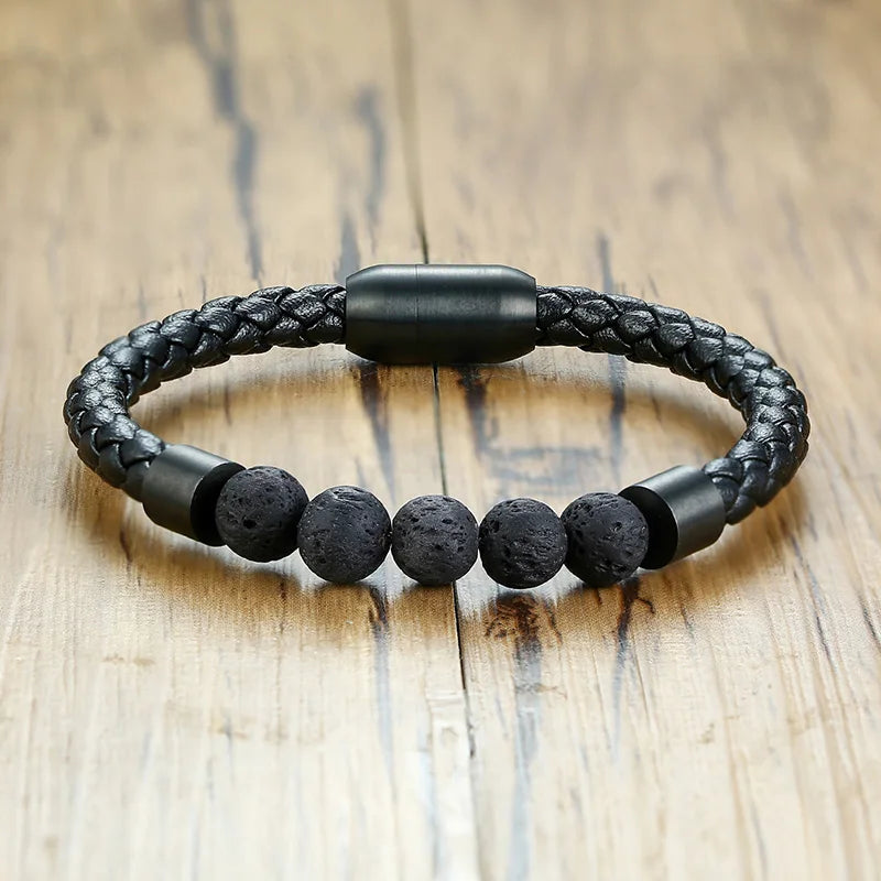Men's Steel and Volcanic Leather Bracelet With Elegant Stone