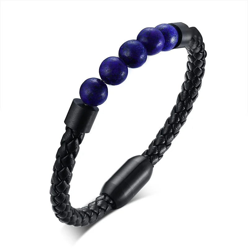 Men's Steel and Volcanic Leather Bracelet With Elegant Stone