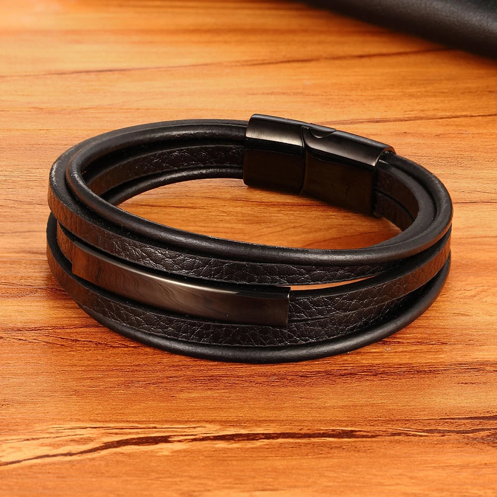Men's Leather Bracelet Two Colors Stainless Steel A-Design