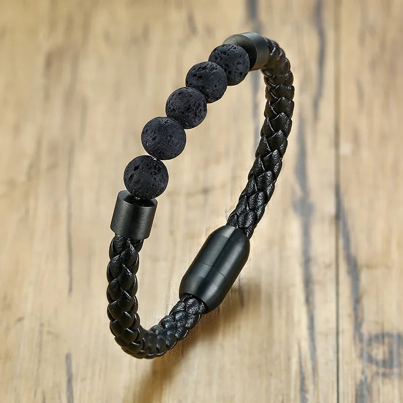 Men's Steel and Volcanic Leather Bracelet With Elegant Stone
