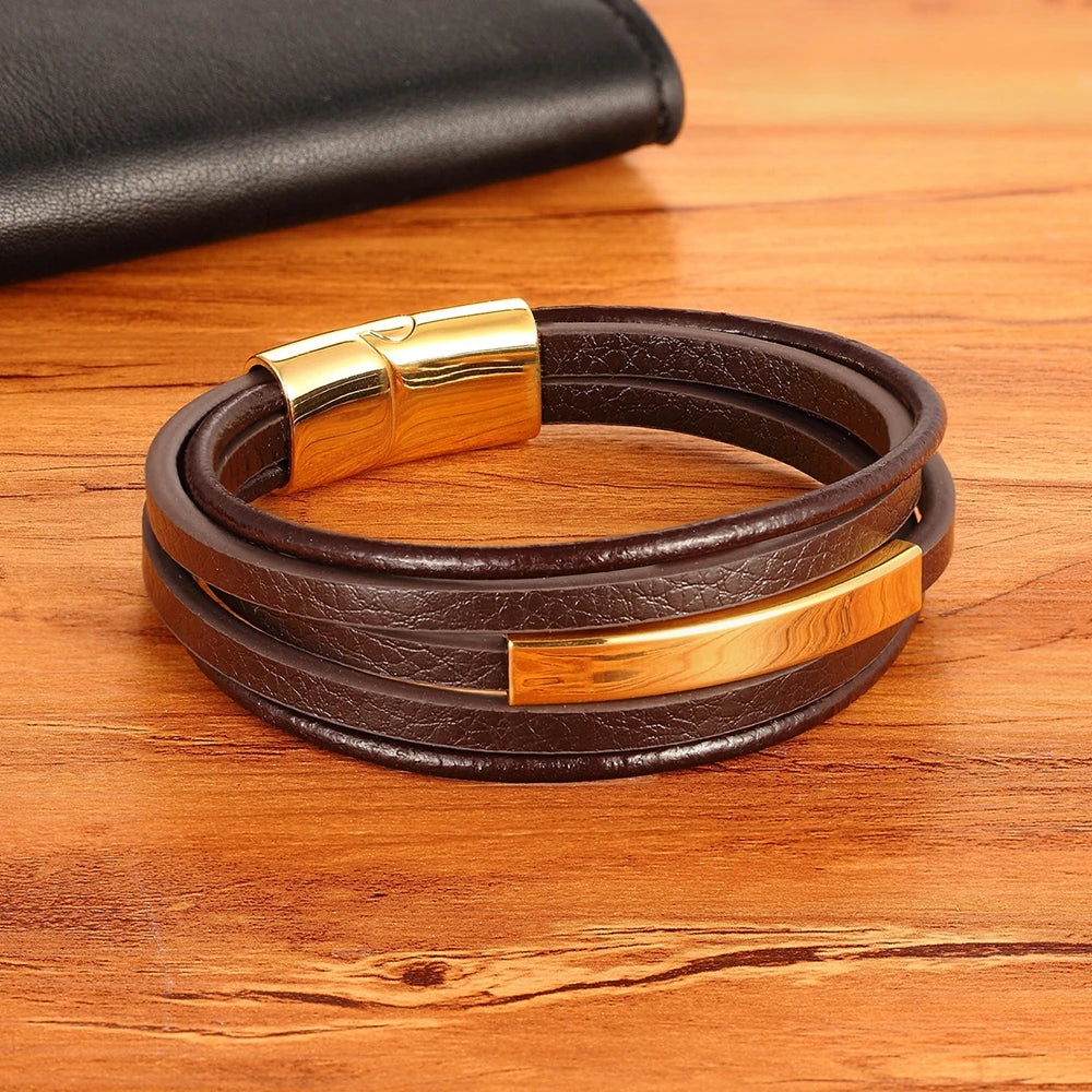 Men's Leather Bracelet Two Colors Stainless Steel A-Design