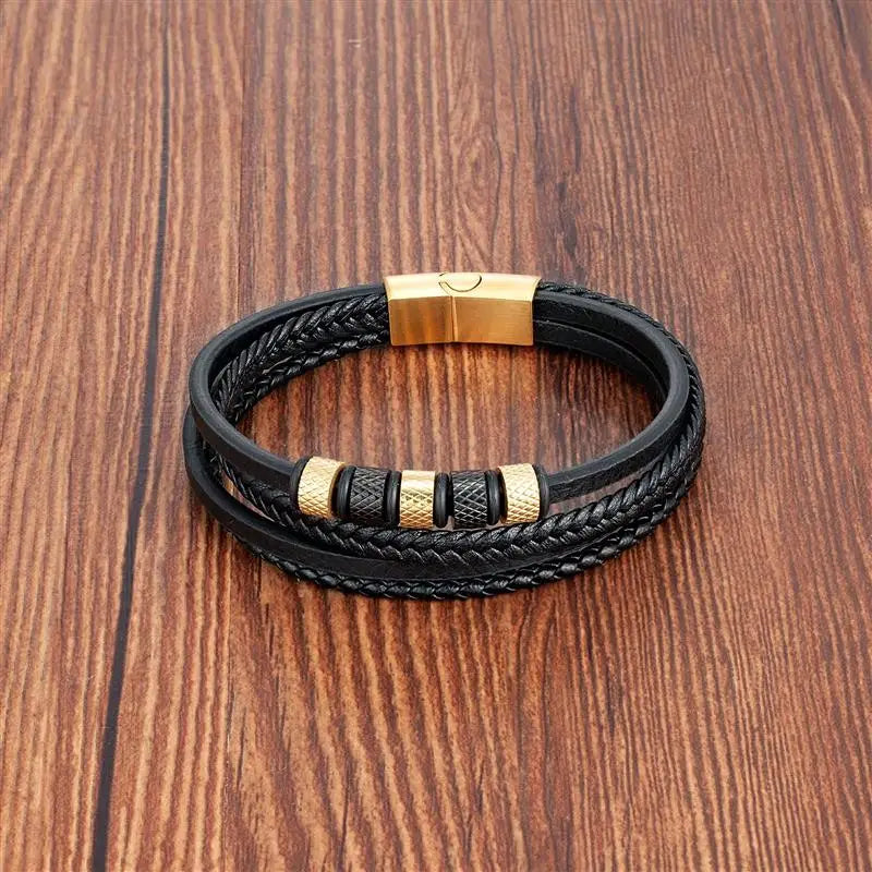 Men's Leather and Stainless Steel Bracelet Classic Multilayer Design