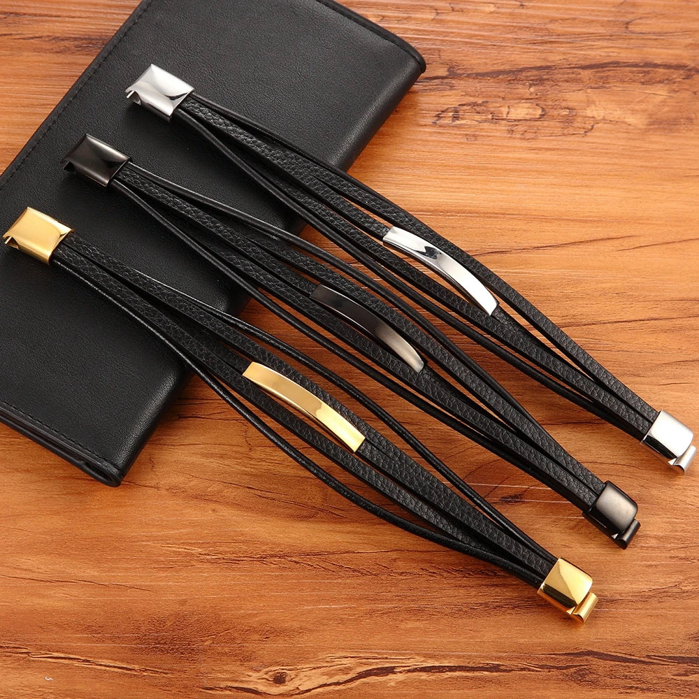 Men's Leather Bracelet Two Colors Stainless Steel A-Design