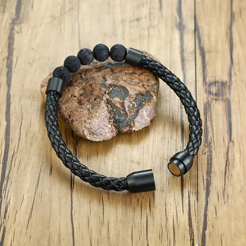 Men's Steel and Volcanic Leather Bracelet With Elegant Stone
