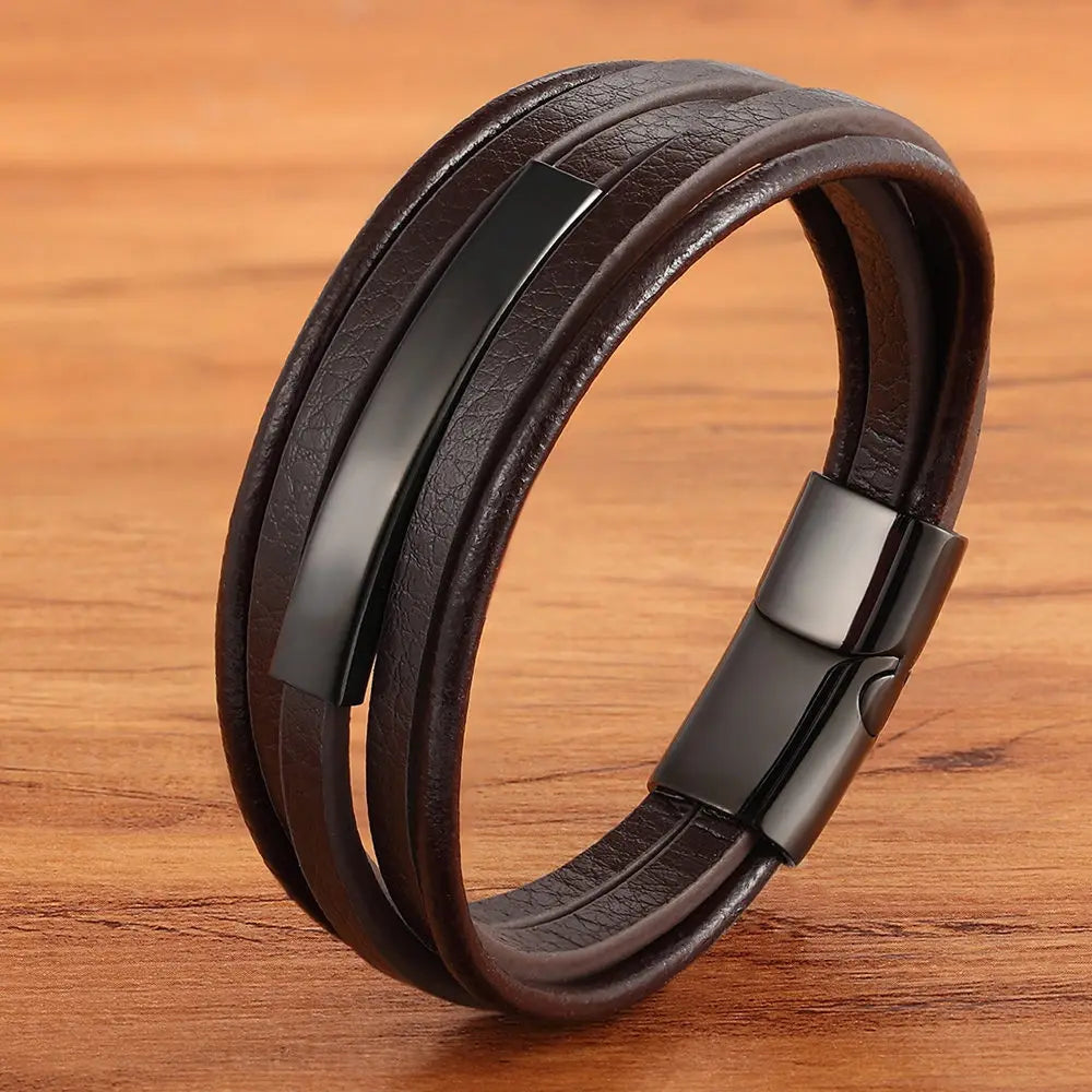 Men's Leather Bracelet Two Colors Stainless Steel A-Design