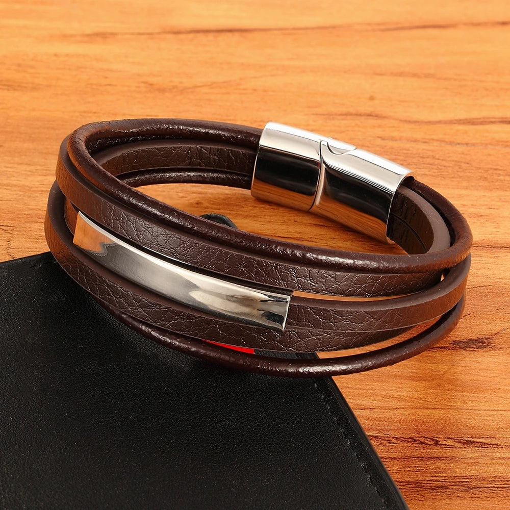 Men's Leather Bracelet Two Colors Stainless Steel A-Design