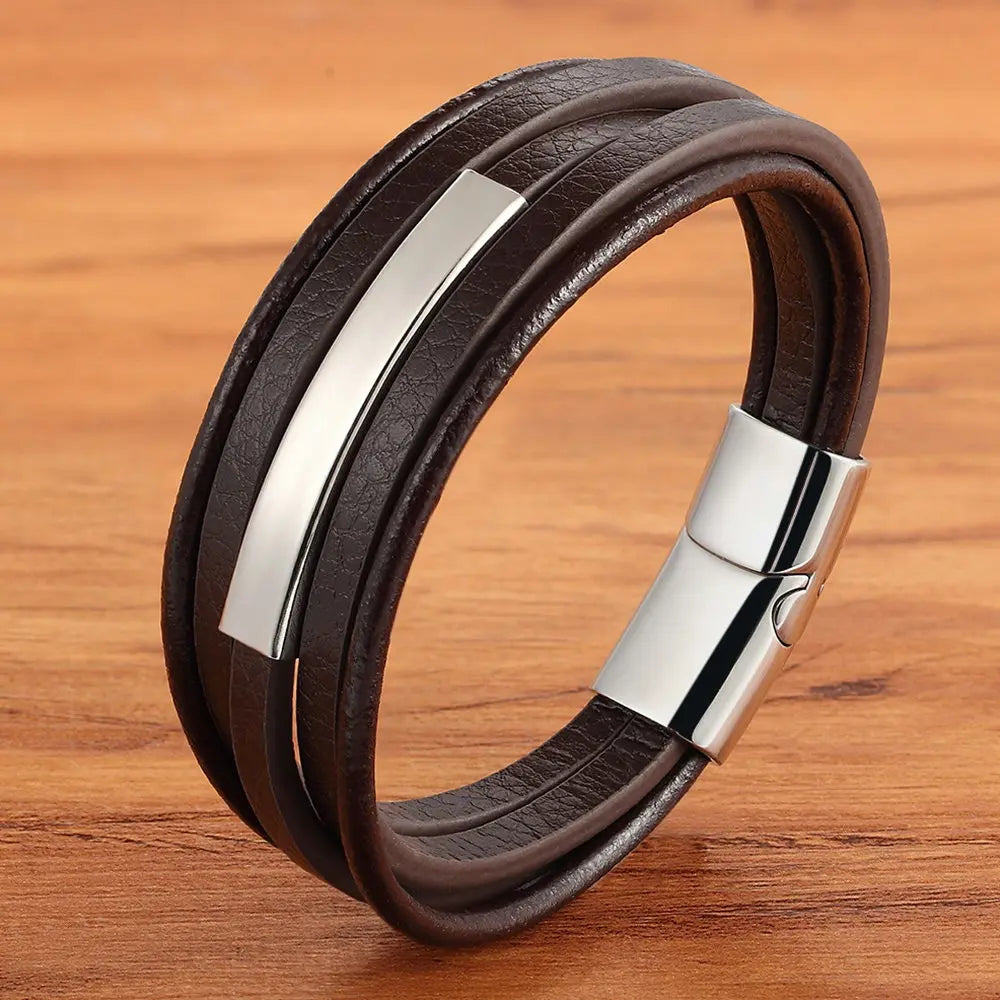 Men's Leather Bracelet Two Colors Stainless Steel A-Design