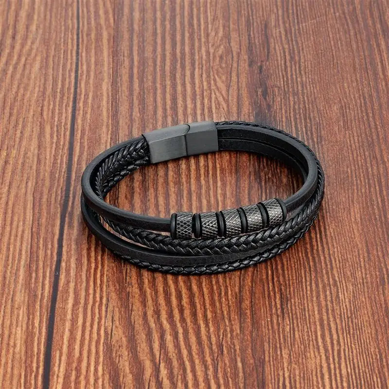 Men's Leather and Stainless Steel Bracelet Classic Multilayer Design