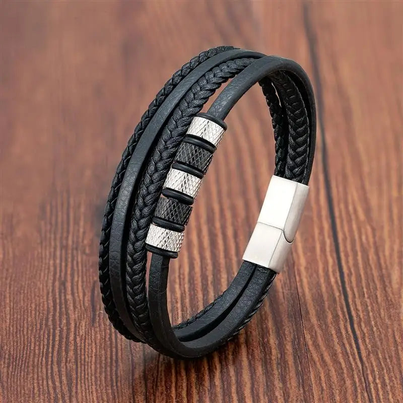 Men's Leather and Stainless Steel Bracelet Classic Multilayer Design