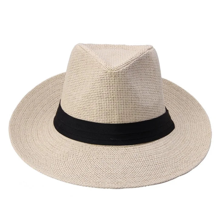 Unisex Beach Trilby Brim Sun Hat Panama Paper Straw Black Ribbon