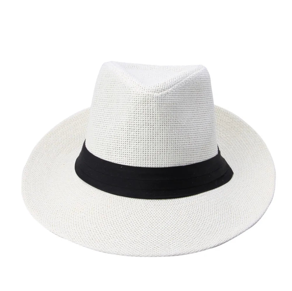 Unisex Beach Trilby Brim Sun Hat Panama Paper Straw Black Ribbon
