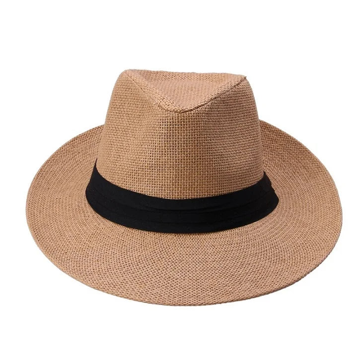 Unisex Beach Trilby Brim Sun Hat Panama Paper Straw Black Ribbon