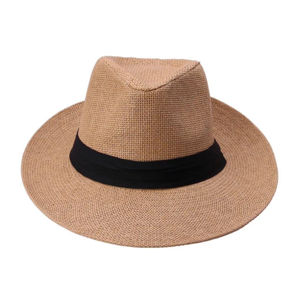Unisex Beach Trilby Brim Sun Hat Panama Paper Straw Black Ribbon