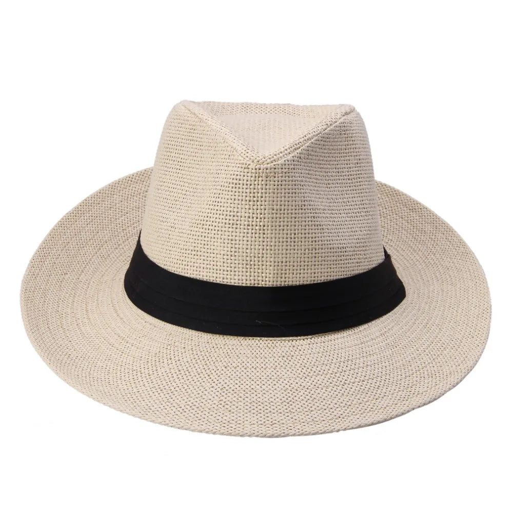 Unisex Beach Trilby Brim Sun Hat Panama Paper Straw Black Ribbon