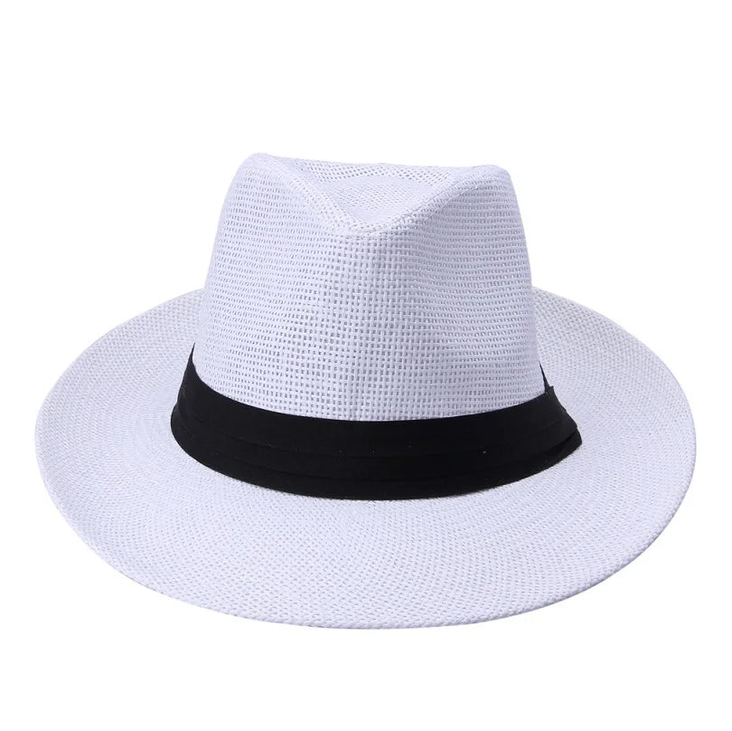 Unisex Beach Trilby Brim Sun Hat Panama Paper Straw Black Ribbon