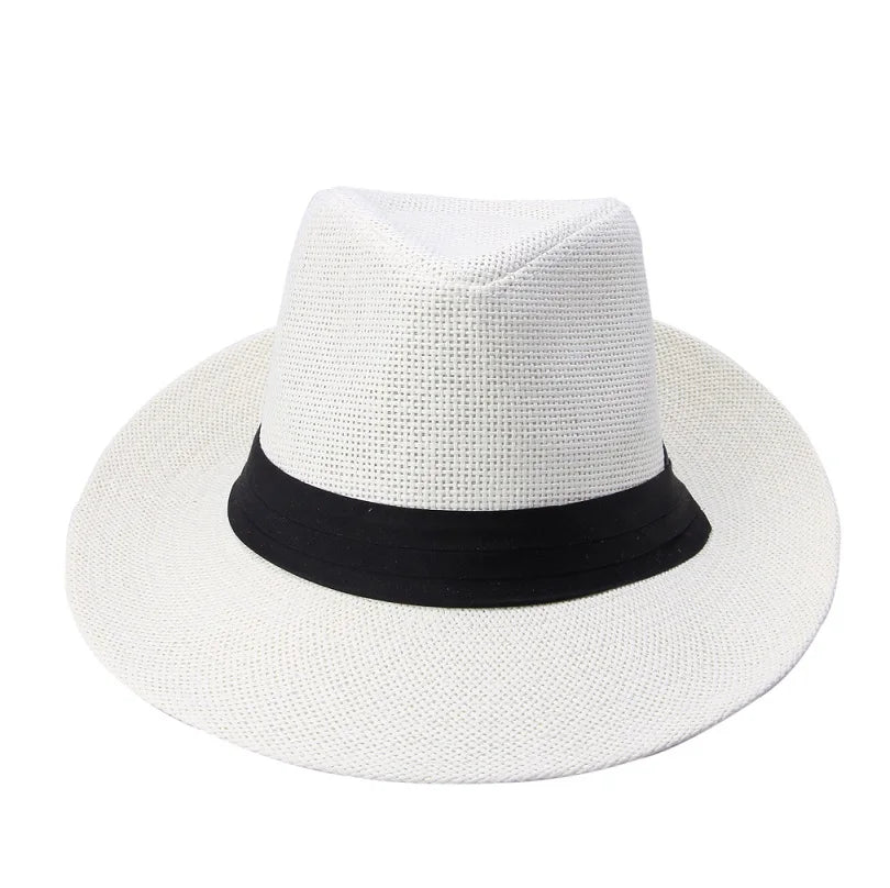 Unisex Beach Trilby Brim Sun Hat Panama Paper Straw Black Ribbon