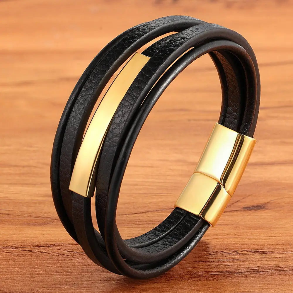 Men's Leather Bracelet Two Colors Stainless Steel A-Design