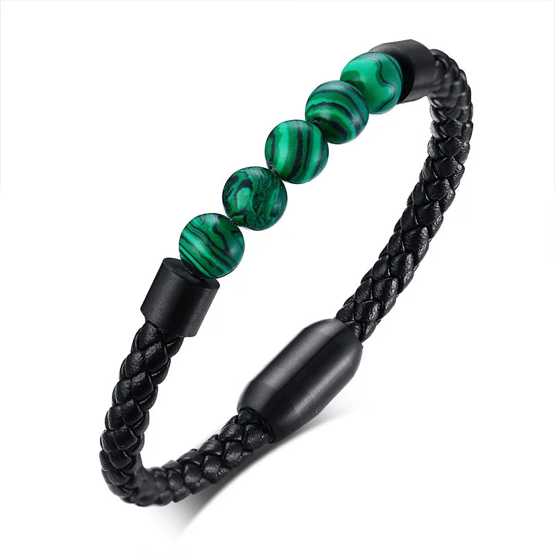 Men's Steel and Volcanic Leather Bracelet With Elegant Stone