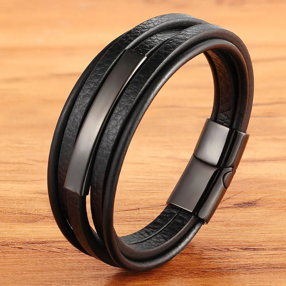 Men's Leather Bracelet Two Colors Stainless Steel A-Design