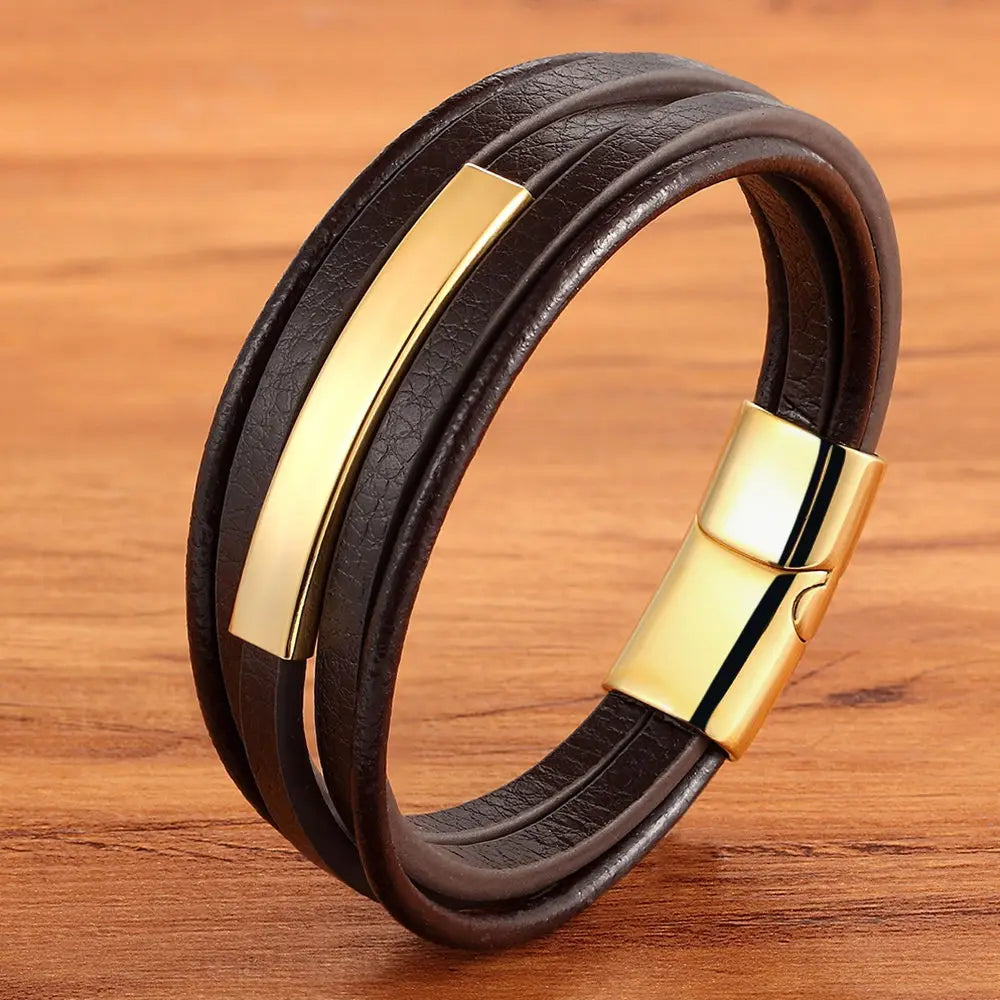 Men's Leather Bracelet Two Colors Stainless Steel A-Design