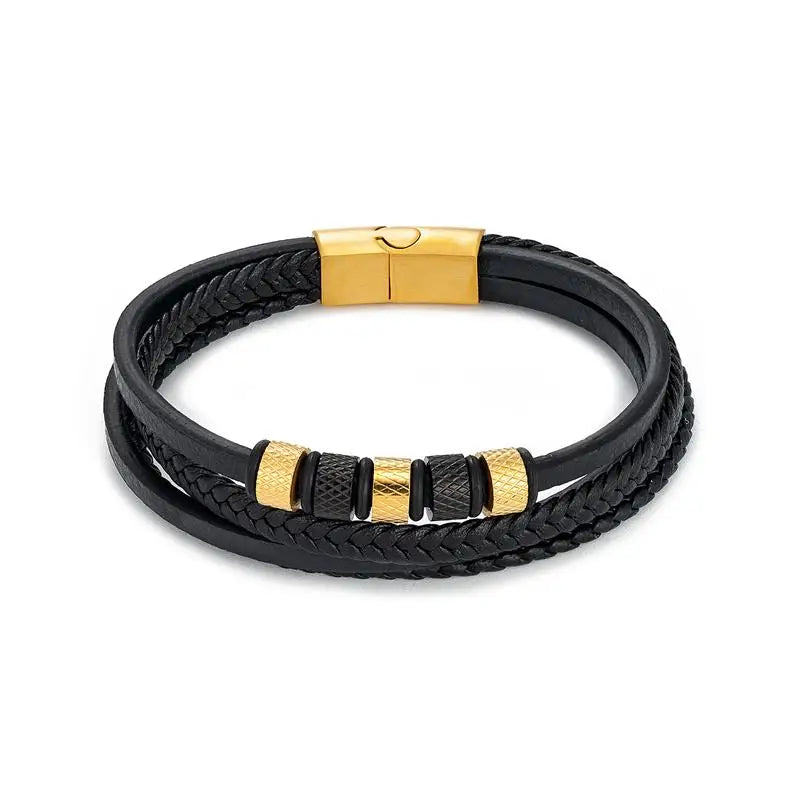 Men's Leather and Stainless Steel Bracelet Classic Multilayer Design