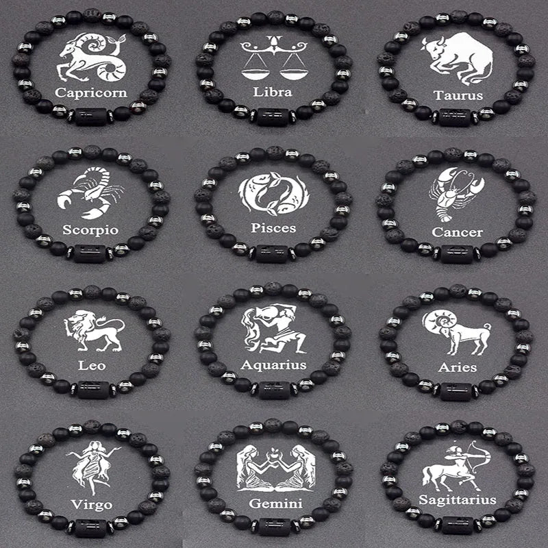 Natural Stone and Ball Bracelet 12 Zodiac Signs for Men