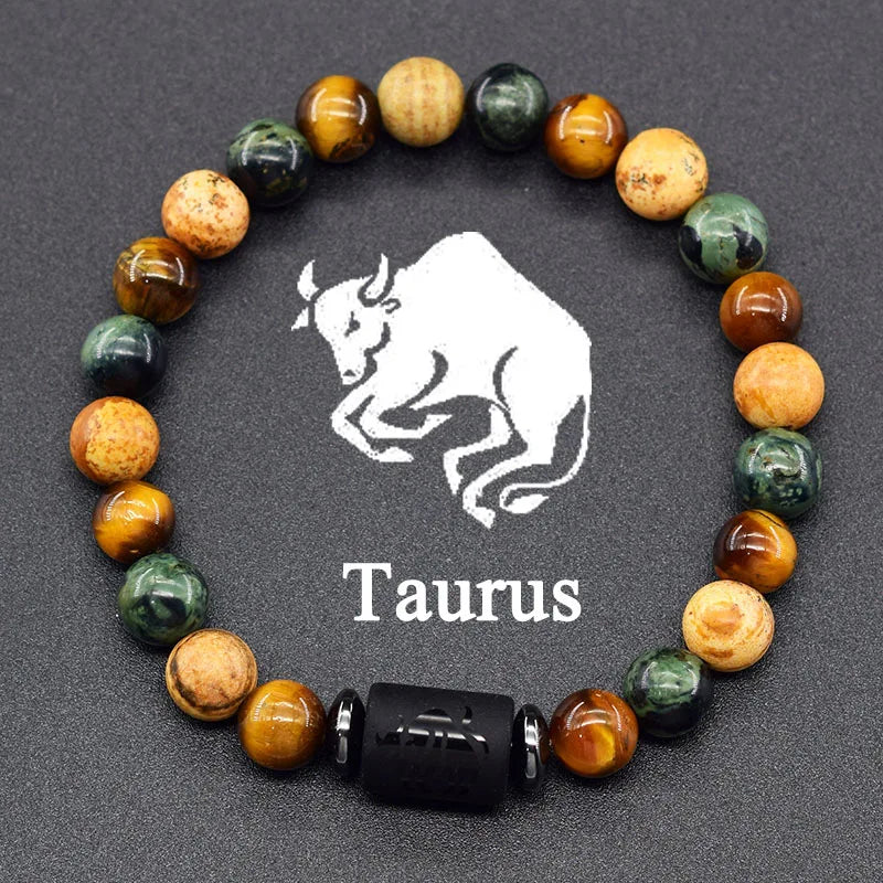 Natural Colorful Ball Stone Bracelet 12 Zodiac Signs for Men