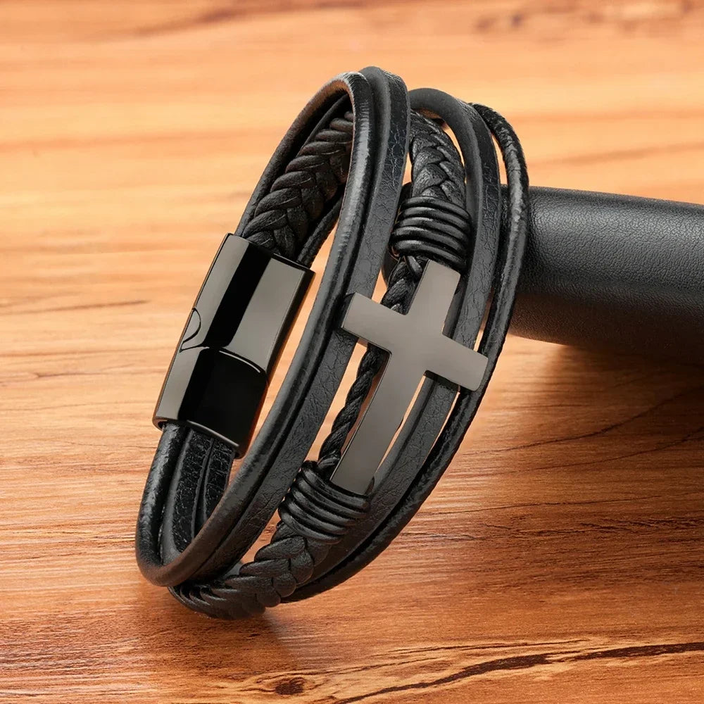 Men's Classic Leather Bracelet Luxury Stainless Steel Cross
