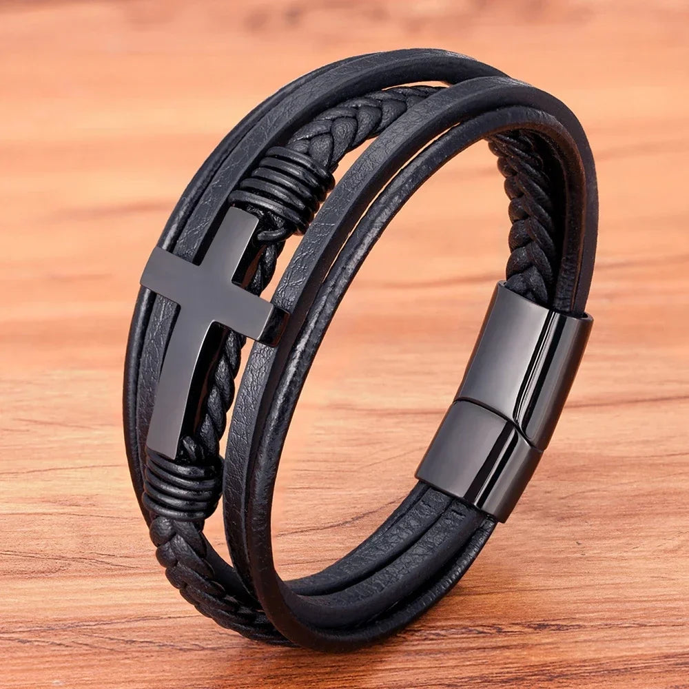 Men's Classic Leather Bracelet Luxury Stainless Steel Cross