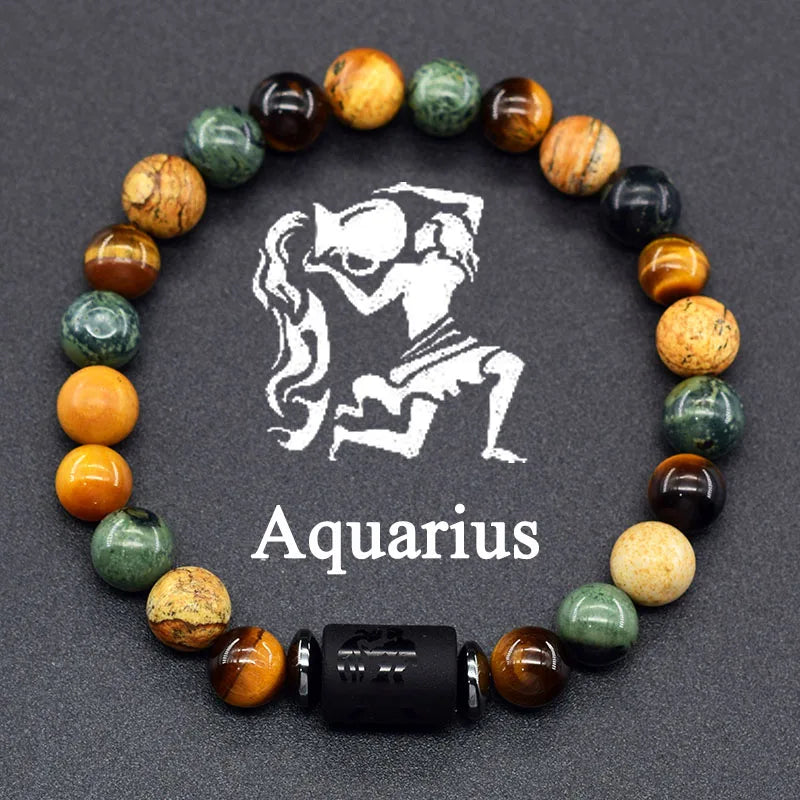 Natural Colorful Ball Stone Bracelet 12 Zodiac Signs for Men