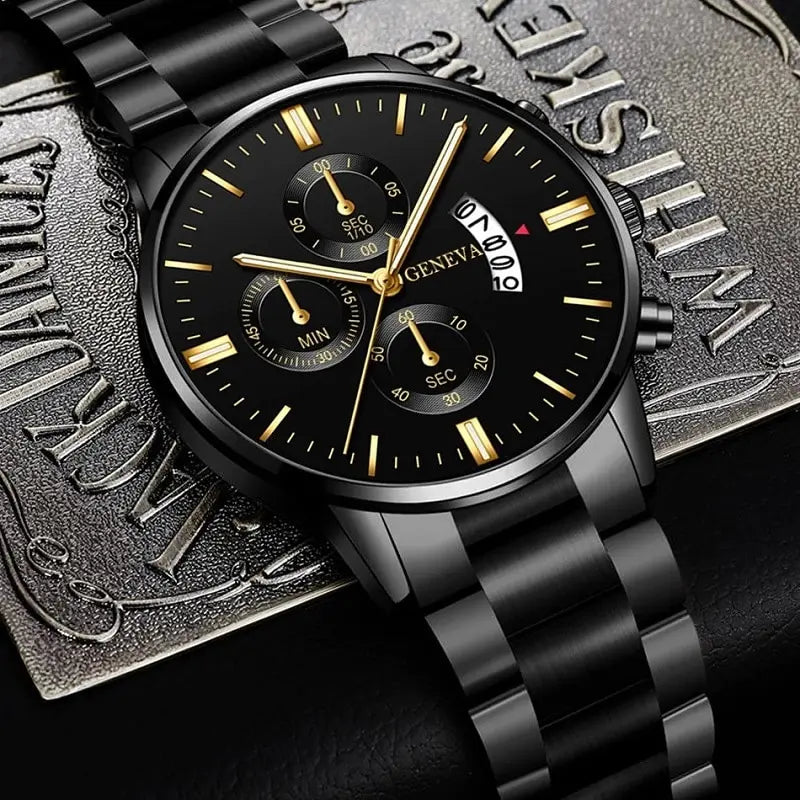 Fashion Men Black Stainless Steel Watch Luxury Quartz Wrist