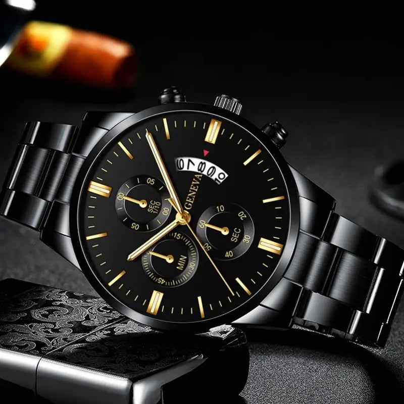 Fashion Men Black Stainless Steel Watch Luxury Quartz Wrist