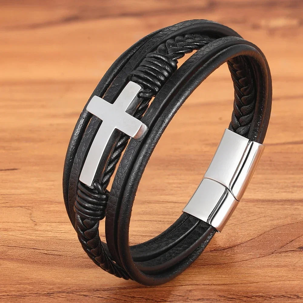 Men's Classic Leather Bracelet Luxury Stainless Steel Cross