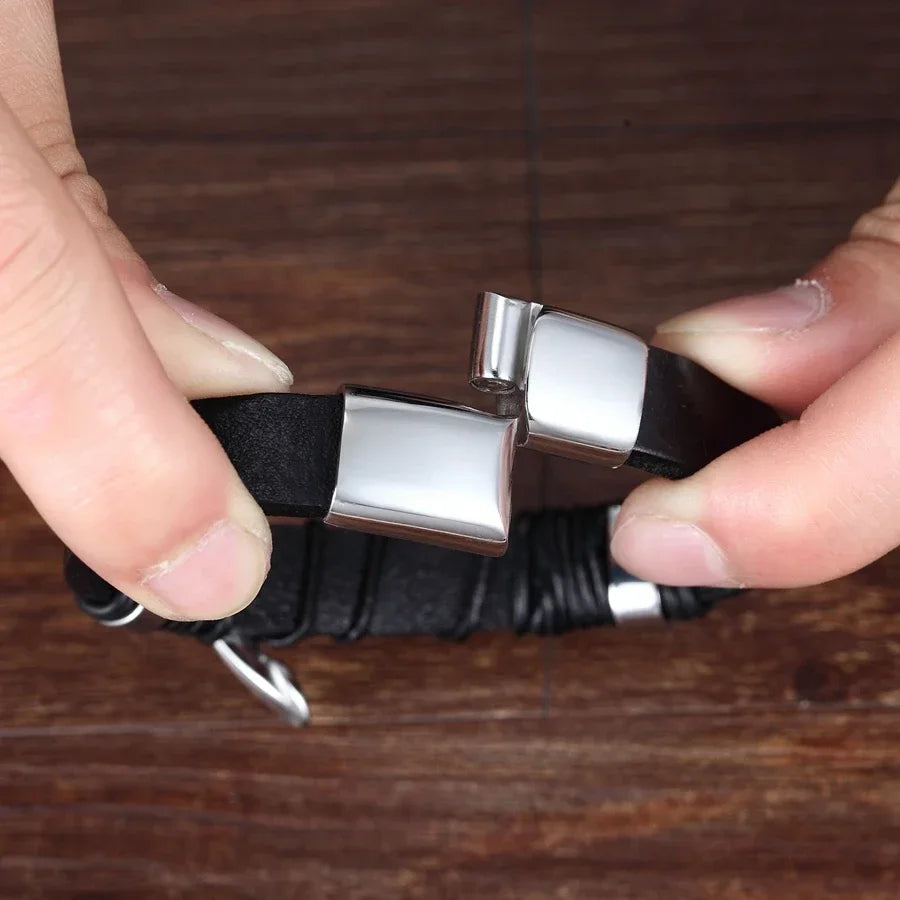 Men's Classic Leather Bracelet Luxury Stainless Steel Cross