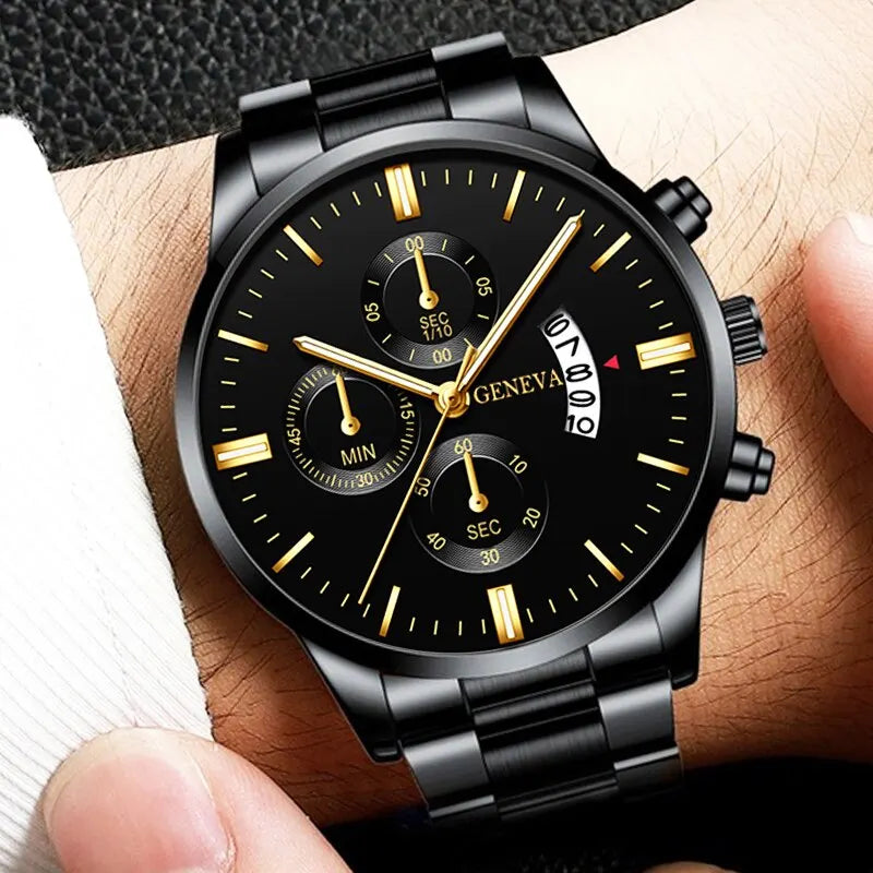 Fashion Men Black Stainless Steel Watch Luxury Quartz Wrist
