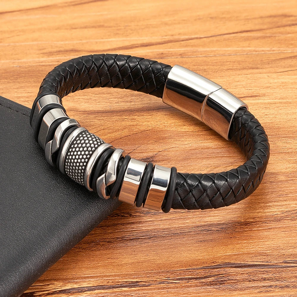 Men's Leather and Stainless Steel Bracelet Classic Style Design