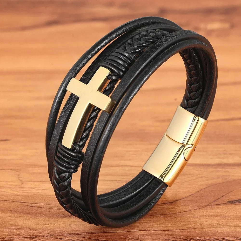 Men's Classic Leather Bracelet Luxury Stainless Steel Cross