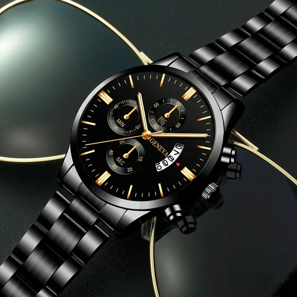 Fashion Men Black Stainless Steel Watch Luxury Quartz Wrist