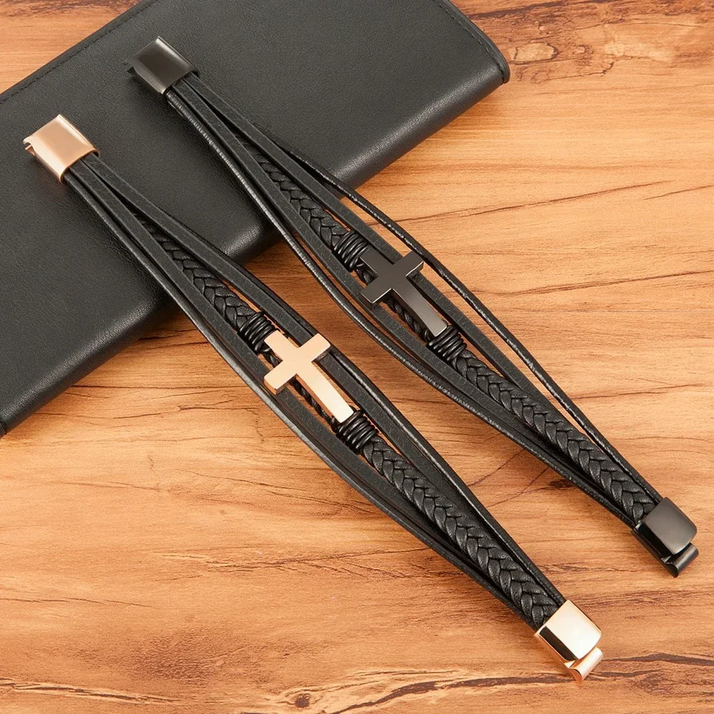 Men's Classic Leather Bracelet Luxury Stainless Steel Cross