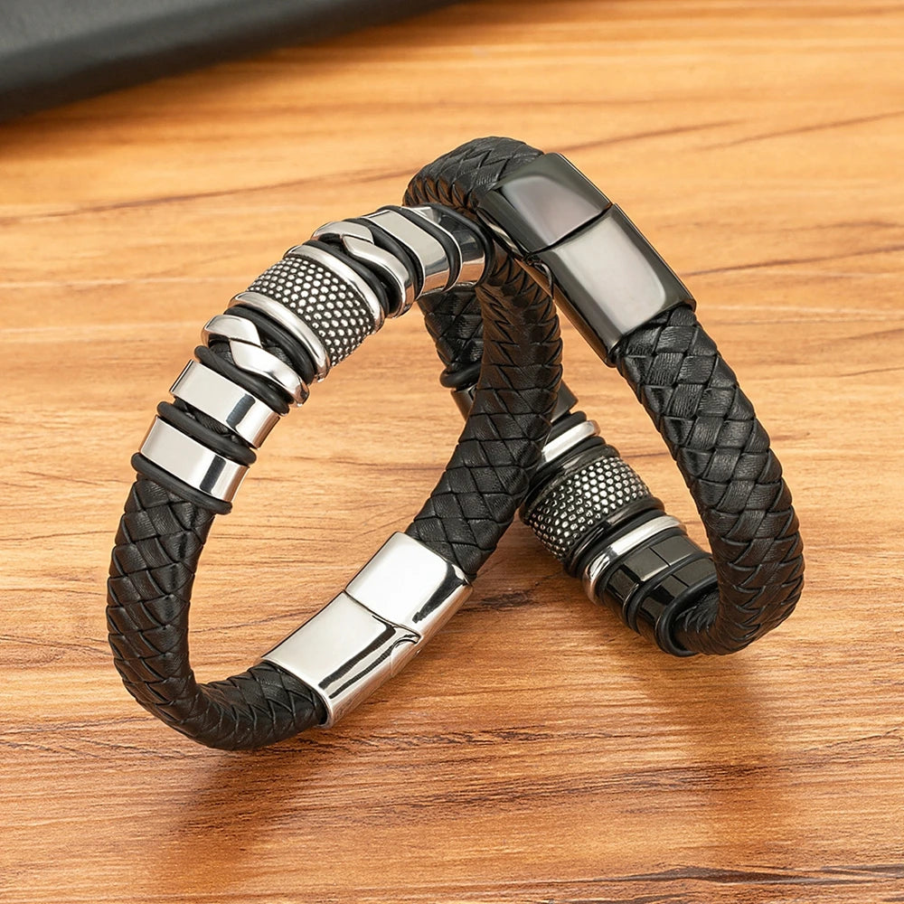 Men's Leather and Stainless Steel Bracelet Classic Style Design