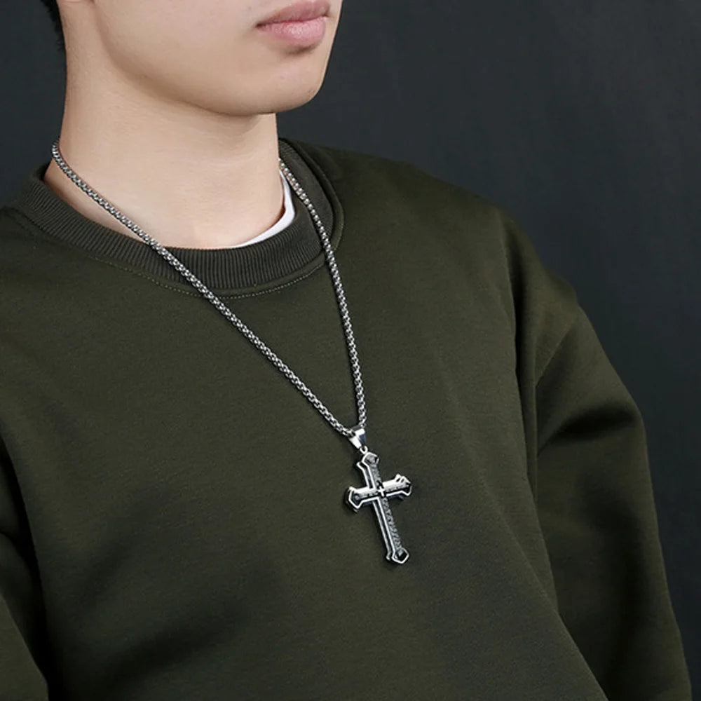 Men's Vintage Christian Bible Text Cross Necklace