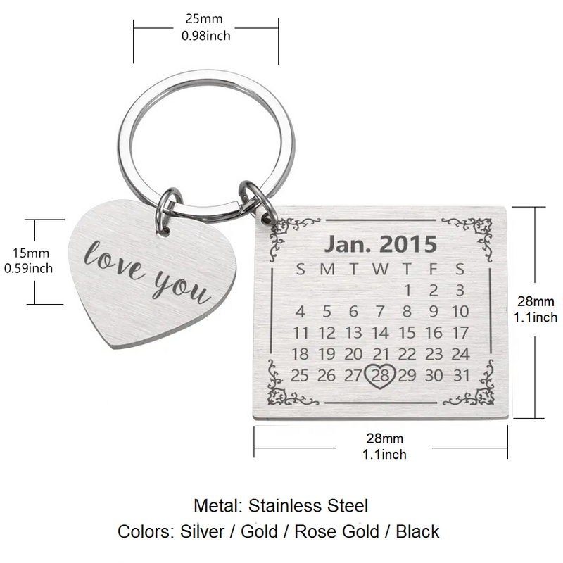 Square Keychain Calendar Important Customized Date Love You