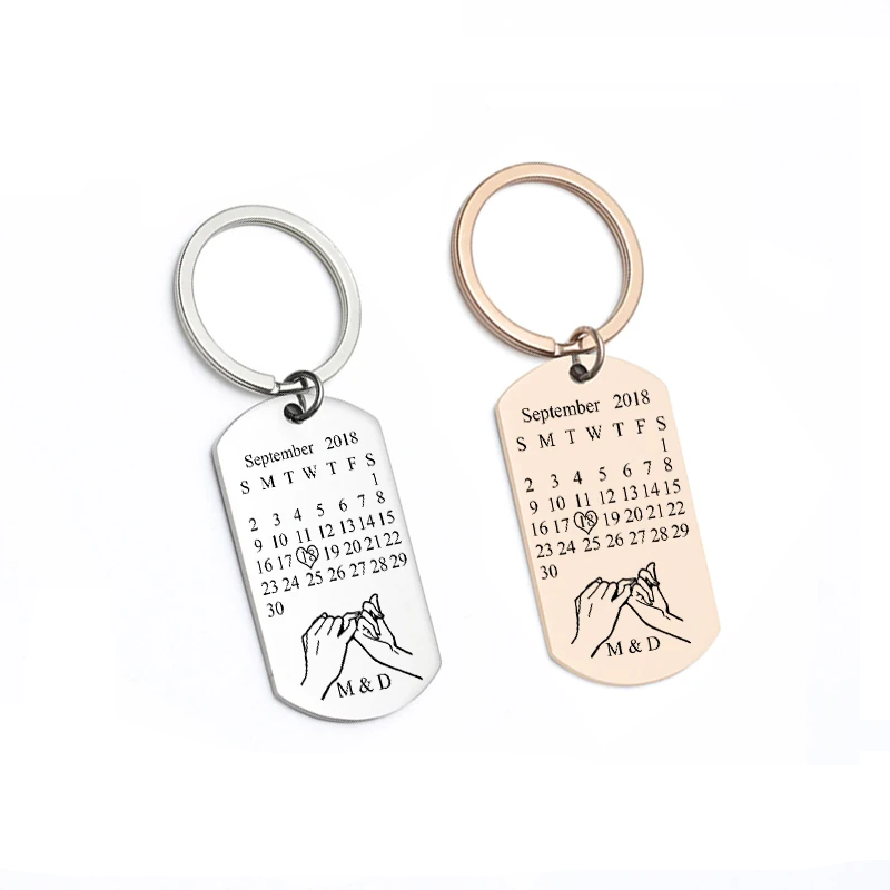 Personalized Rectangle Calendar Keychain Date and Initials of Names